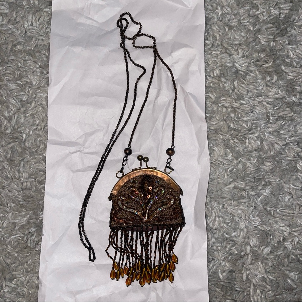 Vintage Wayne M Kleski  Brown and Gold Beaded Kiss Lock Evening Bag